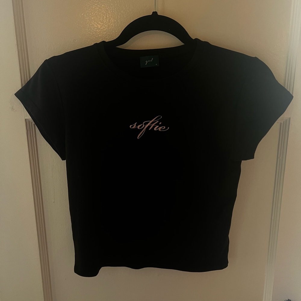 “Softie” embroidered black T. Geels is a small LA-based conceptual brand!